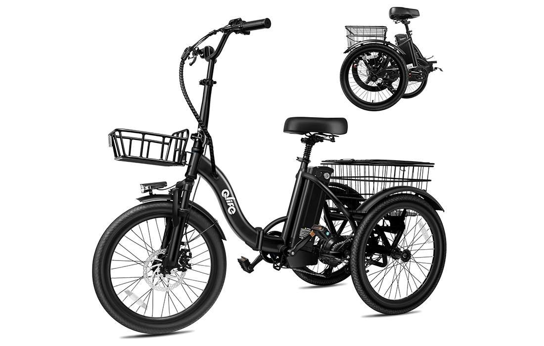 Qlife Triker folding 3-wheel electric bike with front and rear baskets
