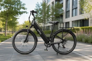 Black Qlife Cityone 2.0 electric bike parked on a modern urban pathway.